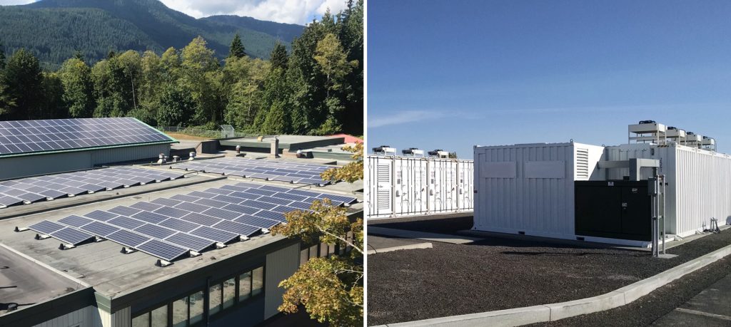 Solar panel on the roof of Pender Harbour Elementary School, BC with mountains in the background and Battery Storage containers at Turner Energy Storage Project in Pullman, WA.
